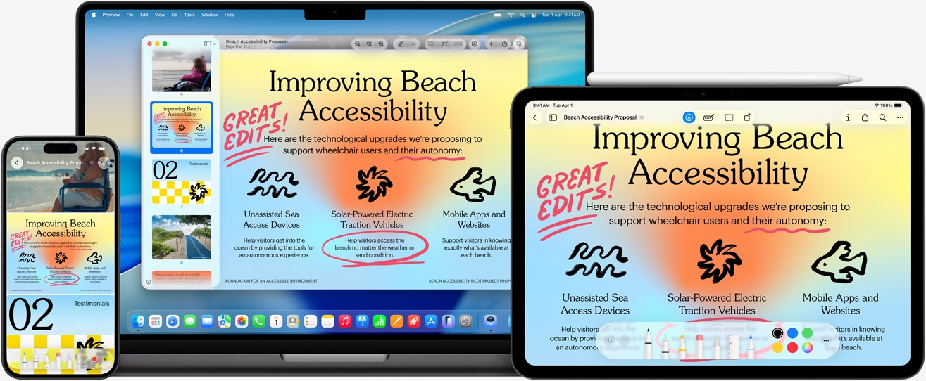 Multiple Apple devices, the same image on each device, an Apple Pencil has been used to mark up the image on the iPad, markup reflects on the other devices
