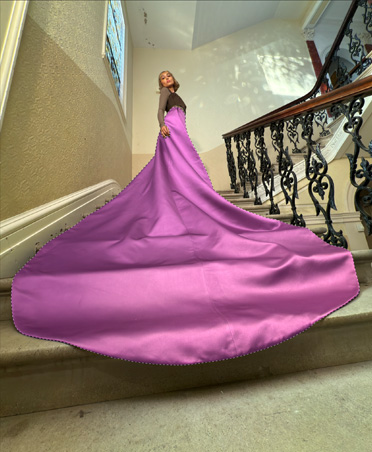 Photo of woman in elaborate pink dress ascending staircase in fancy house with hue and saturation window open
