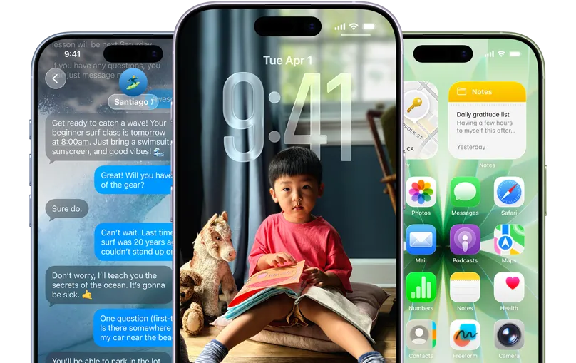 霧藍色、薰衣草紫色和鼠尾草綠色 iPhone 17 裝置機身正面，各自展示 iOS 功能，包括訊息對話背景、Liquid Glass 鎖定畫面，以及展示多款 app 的 Liquid Glass 主畫面。