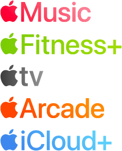 Apple subscription services logotypes including Apple Music, Fitness+, Apple TV+, Apple Arcade, iCloud+