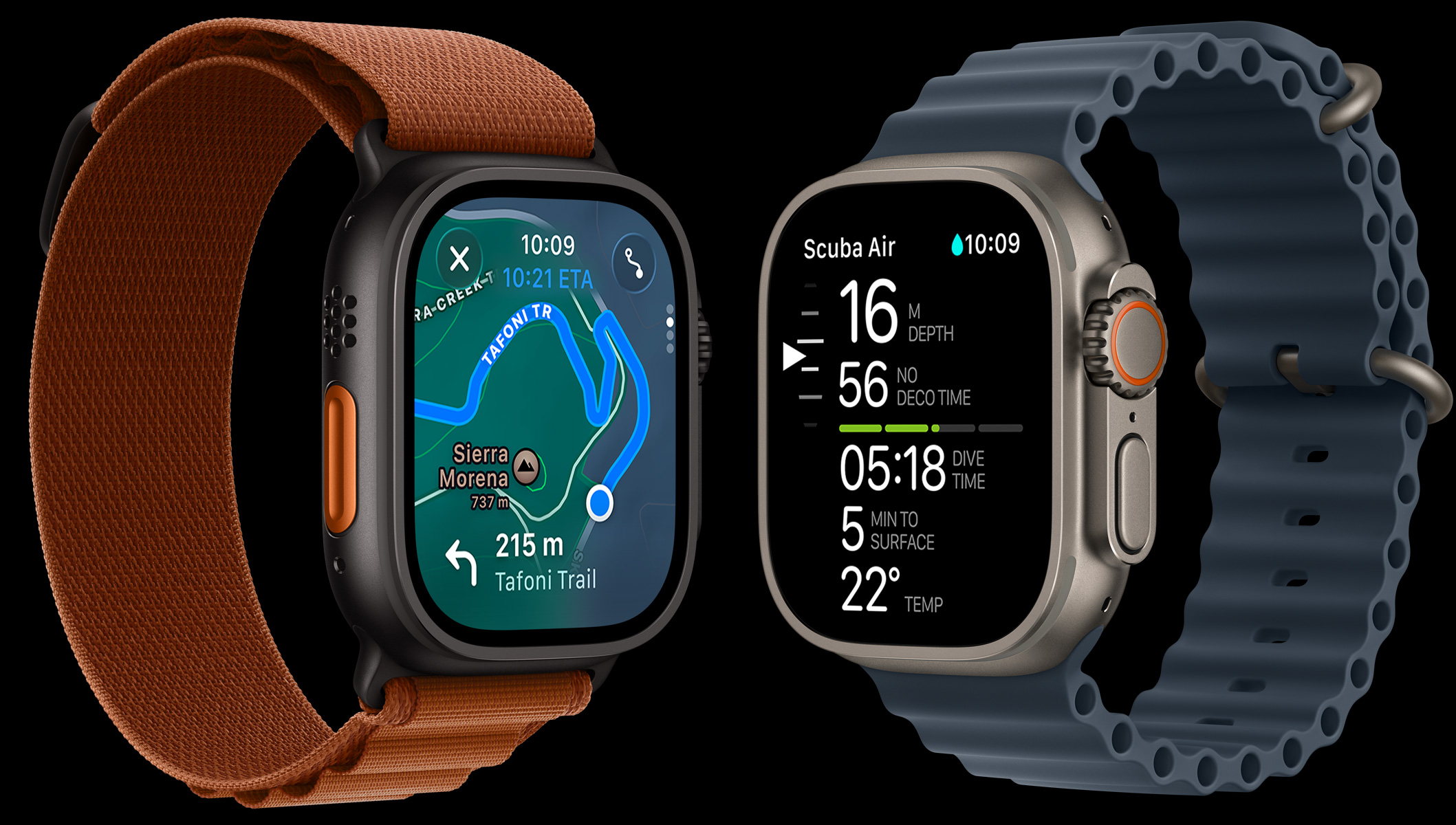 Apple Watch Ultra 3 devices, titanium cases, black and natural colours, trail map, diving metrics, bands, Alpine Loop, terra cotta color, Ocean Band anchor blue colour