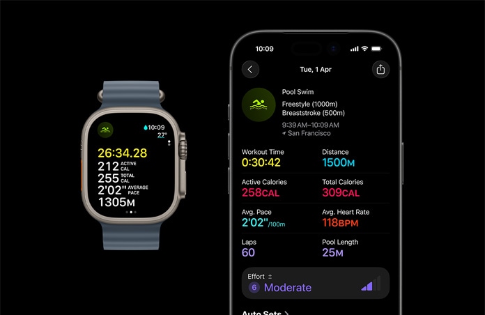 Apple Watch Ultra 3, culoare natural, carcasă din titan, curea Oceanică, culoare Albastru ancoră, Exercițiu de înot activ, detaliere mai amplă a măsurătorilor de antrenament pe iPhone