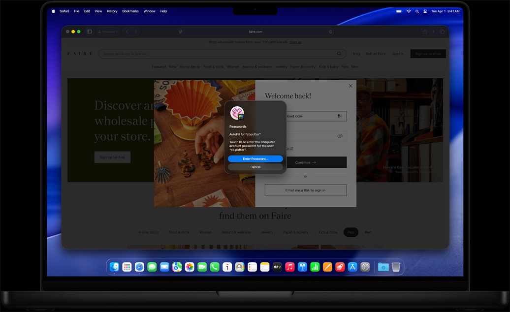În timp ce navighează în Safari, un utilizator este îndemnat să folosească Touch ID pentru a se loga la un site web
