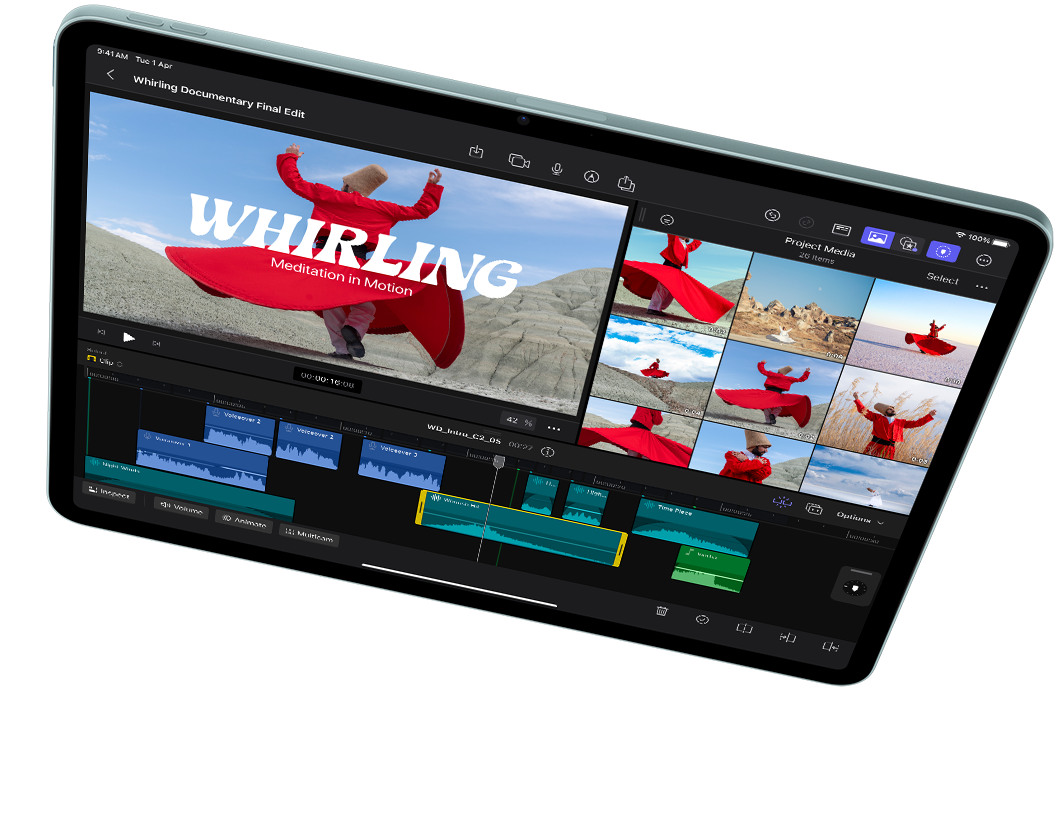 iPad Air in landscape orientation, showcasing video editing in Final Cut Pro