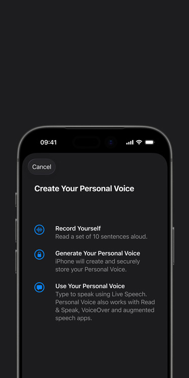 iPhone 17 Pro screen showing Personal Voice feature with instructions on how to create your Personal Voice