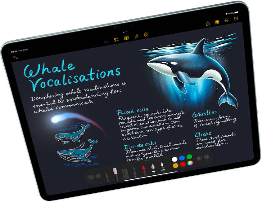 Landscape view of iPad Air showcasing Apple Intelligence with Image Playground, Keynote and Apple Pencil Pro