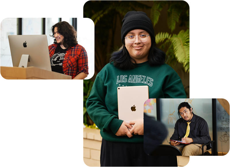 Három fotó az Exceptional Minds programban részt vevő diákokról. Egyikük egy Mac számítógépen dolgozik, egy másik egy iPadet tart, amelynek a hátoldala látszik, a harmadik diák pedig egy modellt néz, és egy Apple Pencillel iPaden rajzol