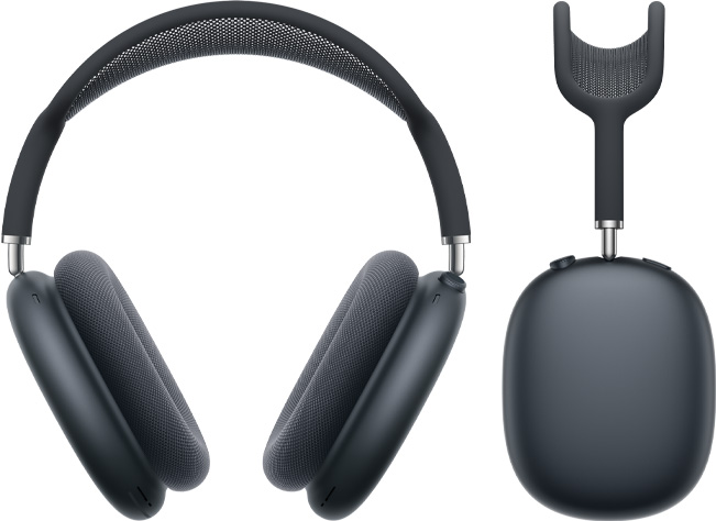 Vista frontal y lateral de unos AirPods Max color medianoche