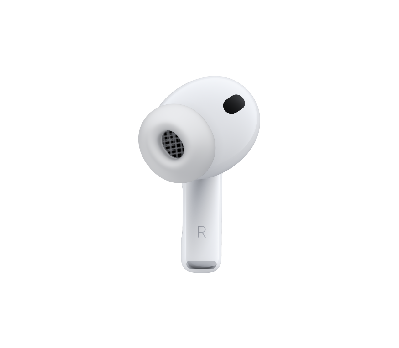 AirPods Pro 3, λευκό χρώμα, μικρόφωνο ακύρωσης θορύβου, άκρο ακουστικού από σιλικόνη, κοντό στέλεχος που δείχνει το γράμμα R