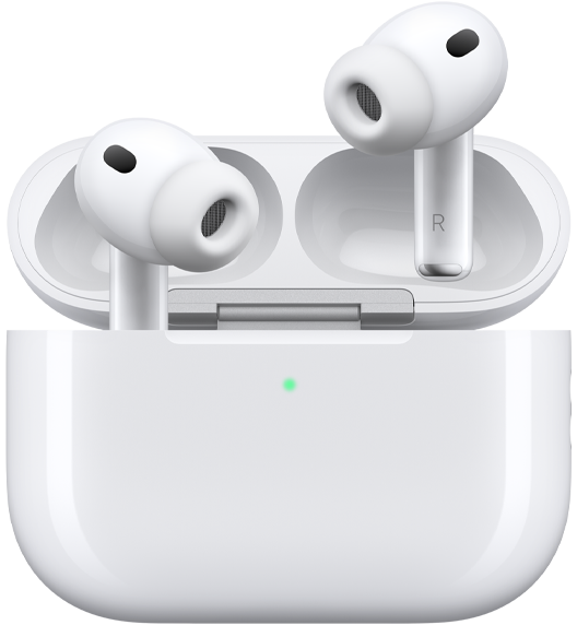 AirPods Pro 3 και θήκη φόρτισης MagSafe (USB‑C), στρογγυλεμένο εξωτερικό της θήκης, ενδεικτική λυχνία LED, καπάκι θήκης ανοιχτό, λευκό χρώμα, ασύρματα ακουστικά με άκρα σιλικόνης, το εσωτερικό του στελέχους δείχνει το γράμμα L και το γράμμα R