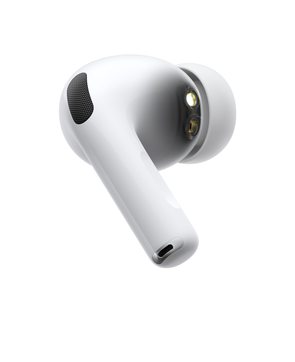 AirPods Pro 3, ασύρματα ακουστικά, λευκό χρώμα, πλαϊνή όψη, κοντό σωληνοειδές στέλεχος, μικρόφωνο ακύρωσης θορύβου, άκρο ακουστικού από σιλικόνη, παλλόμενο κύμα