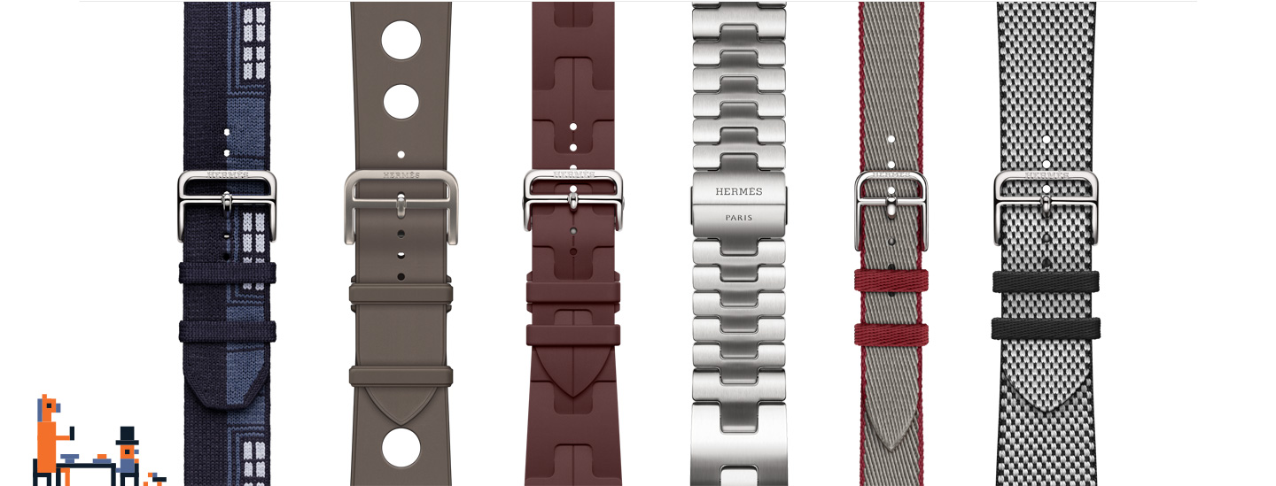 Pixel art of a person and horse siting at a table, Hermès Armbänder: Faubourg Party in Bleu Nuit, Scub’H Diving in Gris Titane, Kilim Single Tour in Bordeaux, Grand H in Satiné, Twill Jump Attelage Single Tour in Gris Meyer/Rouge Grenat, Toile H Single Tour in Noir/Écru