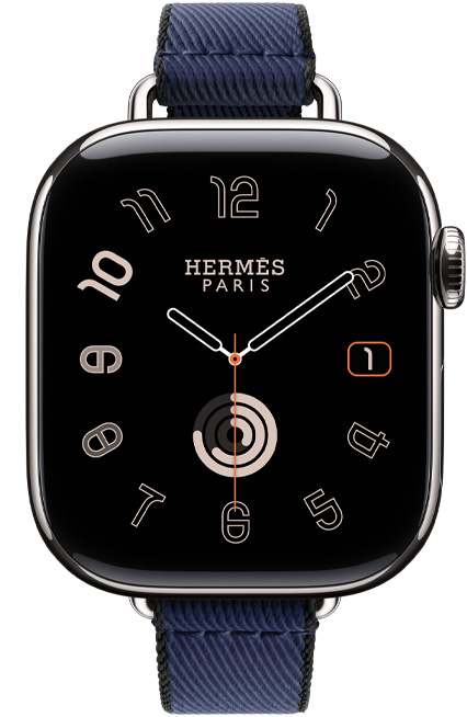 Apple Watch Hermès Series 11, Titangehäuse, Farbe Silber, Radial Zifferblatt, Twill Jump Attelage Single Tour Armband, Farbe Navy/Noir