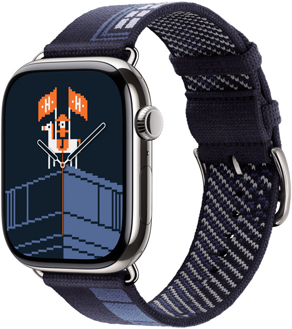 Apple Watch Hermès Series 11, Titangehäuse, Farbe Silber, Faubourg Party Zifferblatt und Armband