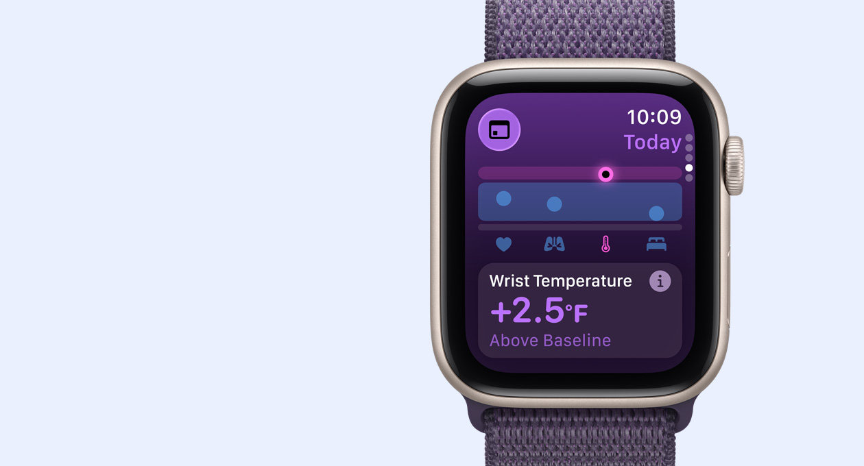 Apple Watch SE 3, boîtier en aluminium, minuit, mesure de la température au poignet, côté droit, Digital Crown, bracelet, Boucle Sport, bleu maritime