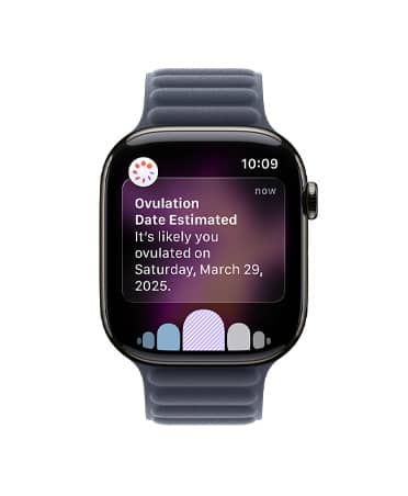 Apple Watch Series 11, slate color, titanium case, ovulation date estimation notification from Cycle Tracking in Health app, Digital Crown, band, Magnetic Link, navy color