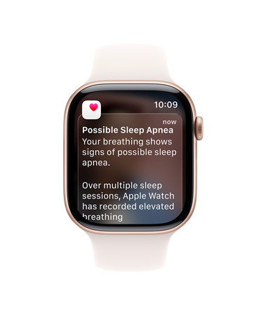 Apple Watch Series 11, rose gold color, aluminum case, expanded sleep apnea notification, right side exterior, Digital Crown, Sport Band, light blush color