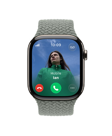 Apple Watch Series 11, natural color, titanium case, incoming call, contact photo, accept and decline call buttons, right side exterior, Digital Crown, band, green gray Braided Solo Loop