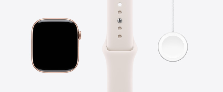 Apple Watch Series 11, alumiiniumkorpus, roosa kuld, esikülg, servast servani ekraan, heleroosa Sport Band, Apple Watchi magnetkiirlaadija USB‑C kaabliga