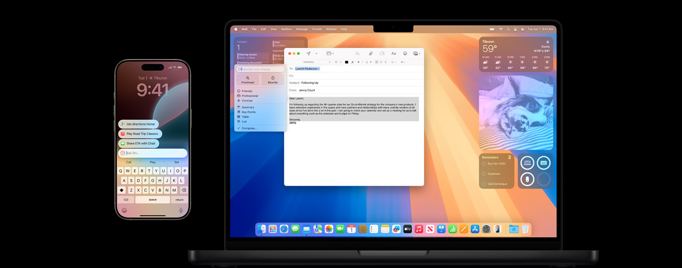 En iPhone og en Mac med Apple Intelligence på skjermen.