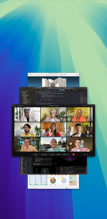 Forskjellige apper er åpne og vises lagvis over hverandre. Appen som vises i forgrunnen, er en Zoom-samtale med flere deltakere.