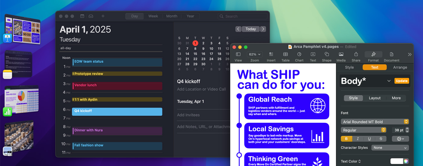 Multiple iOS apps displayed on a screen using Stage Manager, with open Calendar and Pages windows displayed on the left.