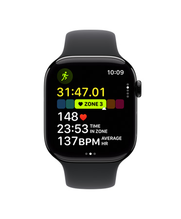 Apple Watch Series 11, cassa in alluminio, color Jet Black lucido, allenamento Corsa outdoor aperto, frequenza cardiaca in zona 3, sul lato destro: Digital Crown, cinturino Sport Band nero