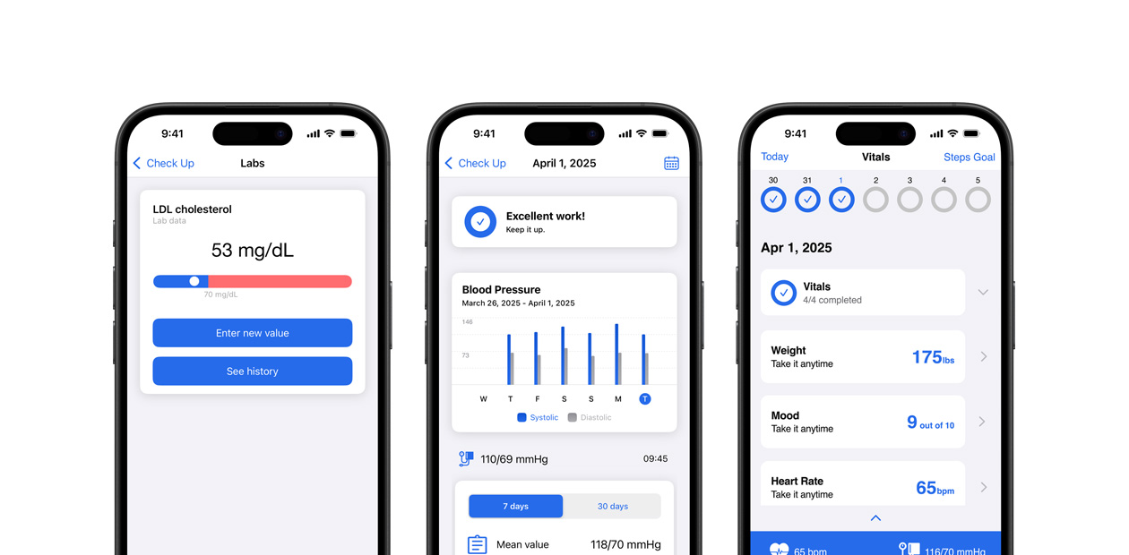 iPhone affichant les fonctionnalités de l’app Corrie Health.