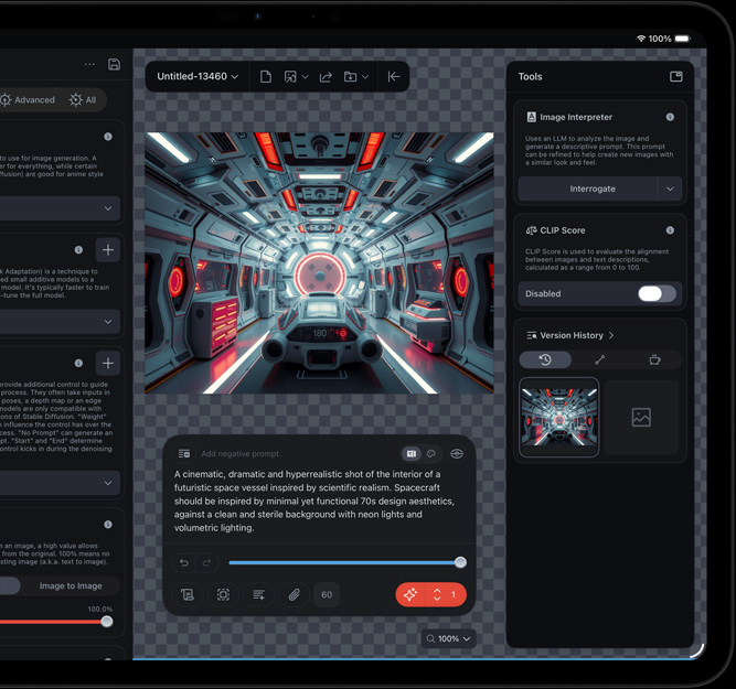 iPad Pro, etupuoli, näytöllä on futuristista avaruusalusta esittelevä klippi, jota muokataan erilaisilla avoinna olevilla muokkaustyökaluilla ja tekoälytoiminnoilla, kuten Image Interpreterilla ja CLIP Scorella