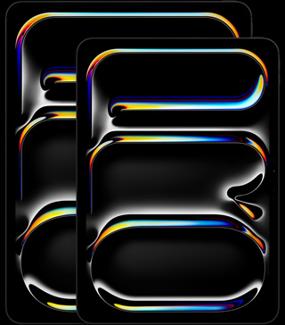 13 tuuman iPad Pro, 11 tuuman iPad Pro, pystysuunnassa, etupuoli, tähtimusta väri, pyöristetyt reunat, musta näytön kehys, näytöillä lukee monivärisillä, kaarevilla ja abstrakteilla kirjaimilla kirjoitettu sana ”PRO” pystysuunnassa