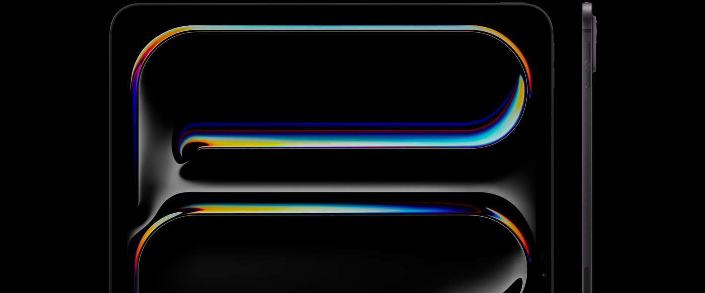 iPad Pro, etupuoli, pystysuunnassa, tähtimusta väri, pyöristetyt kulmat, musta näytön kehys, näytöllä näkyy monivärinen ja kaareva viivapiirros, oikealla puolella, iPad Pro, sivunäkymä, pystysuunnassa, ohut muotoilu, äänenvoimakkuuden lisäyspainike, äänenvoimakkuuden vähennyspainike, korotettu ammattitason kamerajärjestelmä