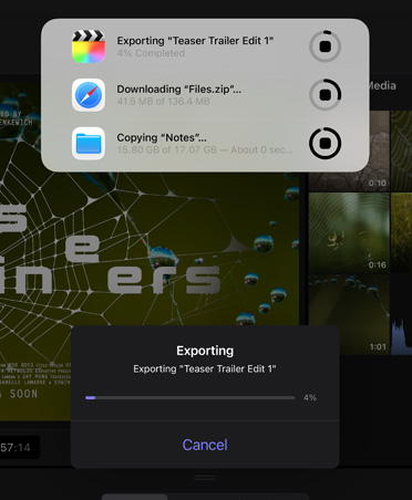 Taustalla tapahtuvista tehtävistä kertova ilmoitus, jolla näkyy videon viennin, tiedoston latauksen ja muistiinpanojen varmuuskopioinnin edistyminen