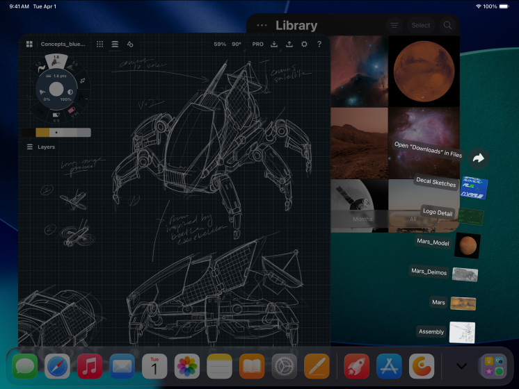 Kolme iPad Pro ‑laitetta, etupuoli, vaakasuunnassa, tähtimusta, Apple Pencil Pro on iPad Pron päällä, kolme näyttöä, joilla näkyy kuvankäsittelyappeja, niillä on avoinna projekteja mallista punaisella taustalla, luonnoksia mekaanisista suunnitelmista, joiden vieressä on värinsäätelytyökaluja, kuvakirjasto, Lataukset-kansion tiedostot auki levitettyinä, 3D-mallinnusohjelmisto, jossa on geometrisiä muotoja ja käsinkirjoitettuja merkintöjä ja kaavoja