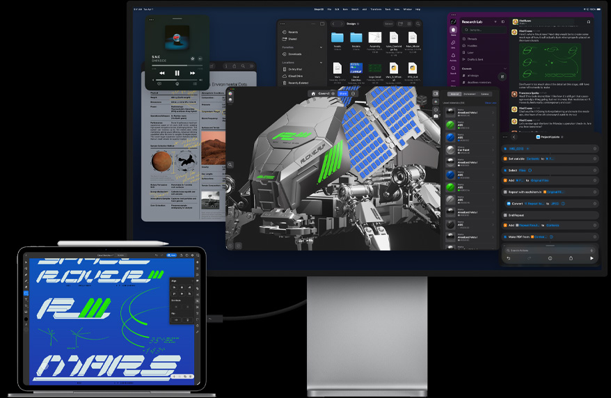 iPad Pro liitettynä Magic Keyboardiin, etupuoli, kumpikin liitetty ulkoiseen Macin Studio Display ‑näyttöön, iPad Pron näytöllä on graafisen suunnittelun appi, kirkkaita värejä ja tekstiä, Studio Display ‑näytöllä on useita appeja ja 3D-malli