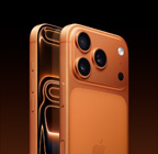 iPhone 17 Pro, coloris orange cosmique, vue oblique de l’arrière, système caméra Pro Fusion dans un plateau au sommet, bouton Commande de l’appareil photo, face avant, design tout écran, bouton Action et boutons de réglage du volume