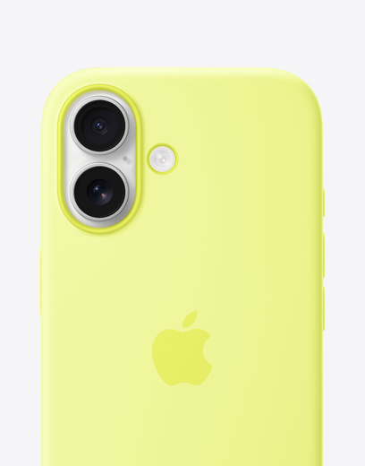 iPhone 17, back exterior with silicone case in yellow, Dual Fusion Camera System in top left corner, Apple logo centered