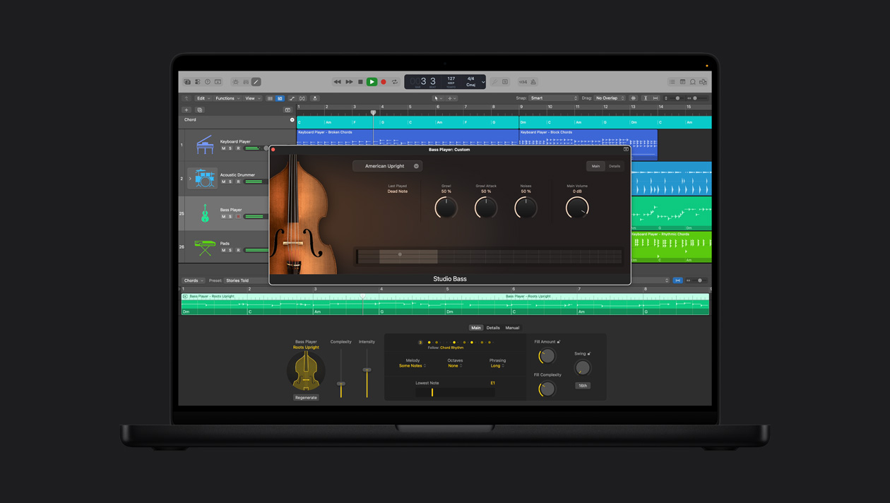 MacBook Pro 16 screen showing Upright Bass Player, window is open with Studio Bass controls, to the left are rows for Keyboard Player, Acoustic Drummer, Bass Player, Pads, at the bottom is Bass Player Roots Upright controls