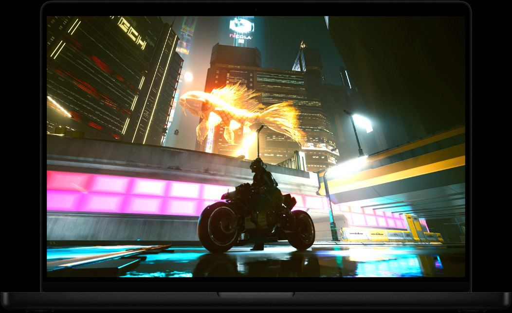 Schermata di MacBook Pro con il videogioco Cyberpunk 2077: Ultimate
