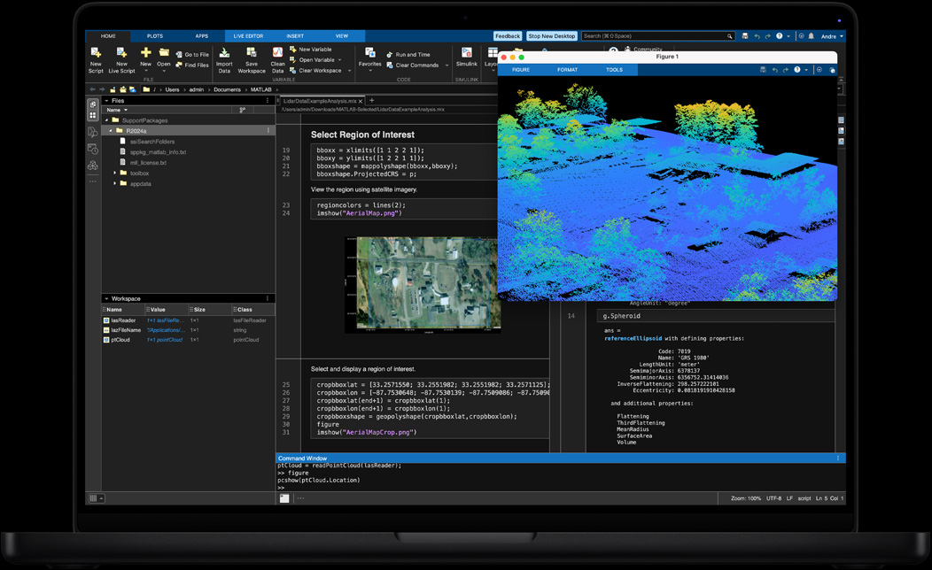 Schermata di MacBook Pro con l’elaborazione e la presentazione di dati geospaziali su MATLAB
