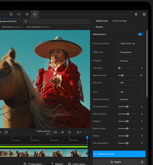 Schermo di un MacBook Pro che mostra un video migliorato dall’AI nell’app Topaz Video