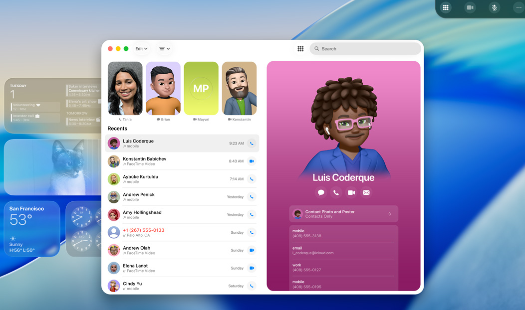 MacBook Pro, app Téléphone ouverte, un contact affiché dans les appels récents