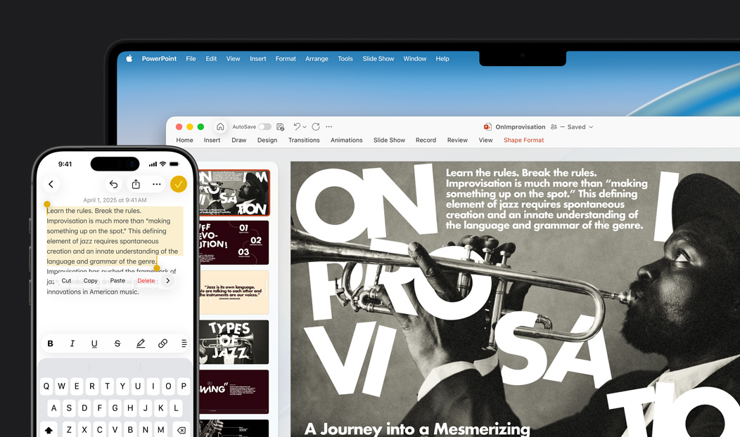 iPhone 16 Plus montrant du texte en surbrillance dans l’app Notes, MacBook Pro affichant une diapositive Keynote, le texte de l’app Notes est visible sur la diapositive