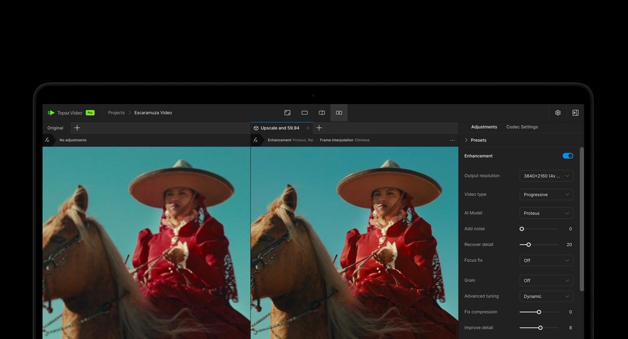 Schermo di un MacBook Pro che mostra un video migliorato dall’AI nell’app Topaz Video