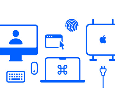 Logo del Setup personale con varie icone di prodotti, funzioni e accessori Mac, tra cui un mouse e una tastiera