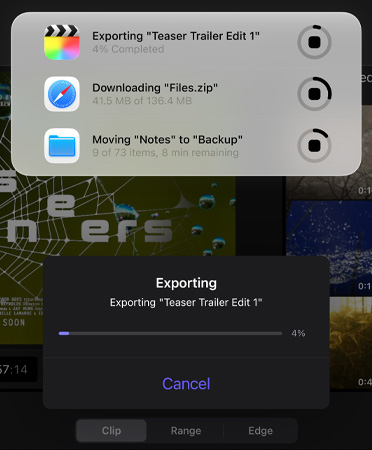 Luettelo Live-toiminnoista, jotka ovat käynnissä samanaikaisesti. Luettelo sisältää trailerin viemisen, suurten tiedostojen lataamisen ja Muistiinpanojen siirtämisen Varmuuskopiointiin