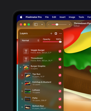 MacBook Pro 16 screen, colorful illustration of hamburger, Pixelmator Pro arrange tools