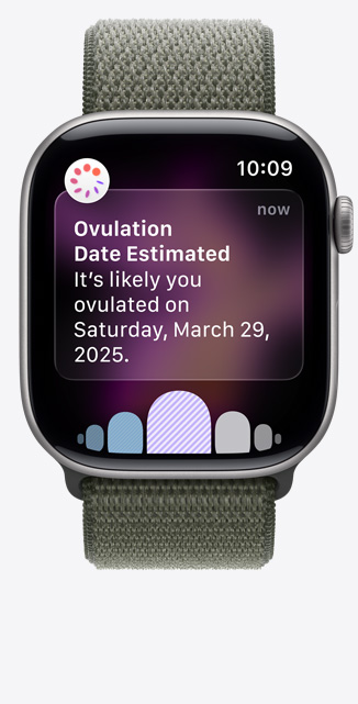 Apple Watch Series 11, Space Gray aluminum case color, Ovulation date esitmation notification from Cycle Tracking in Health app, Digital Crown, band, forest Sport Loop