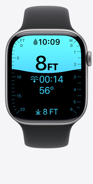 Apple Watch Series 11, aluminum case, space gray color, Depth app screen, dive at 8 feet