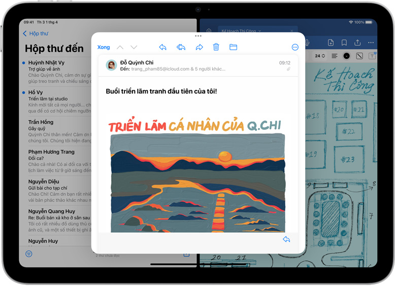 Mail và GoodNotes được sử dụng cạnh nhau cùng lúc trên iPad. Một email sẽ mở trong cửa sổ riêng.