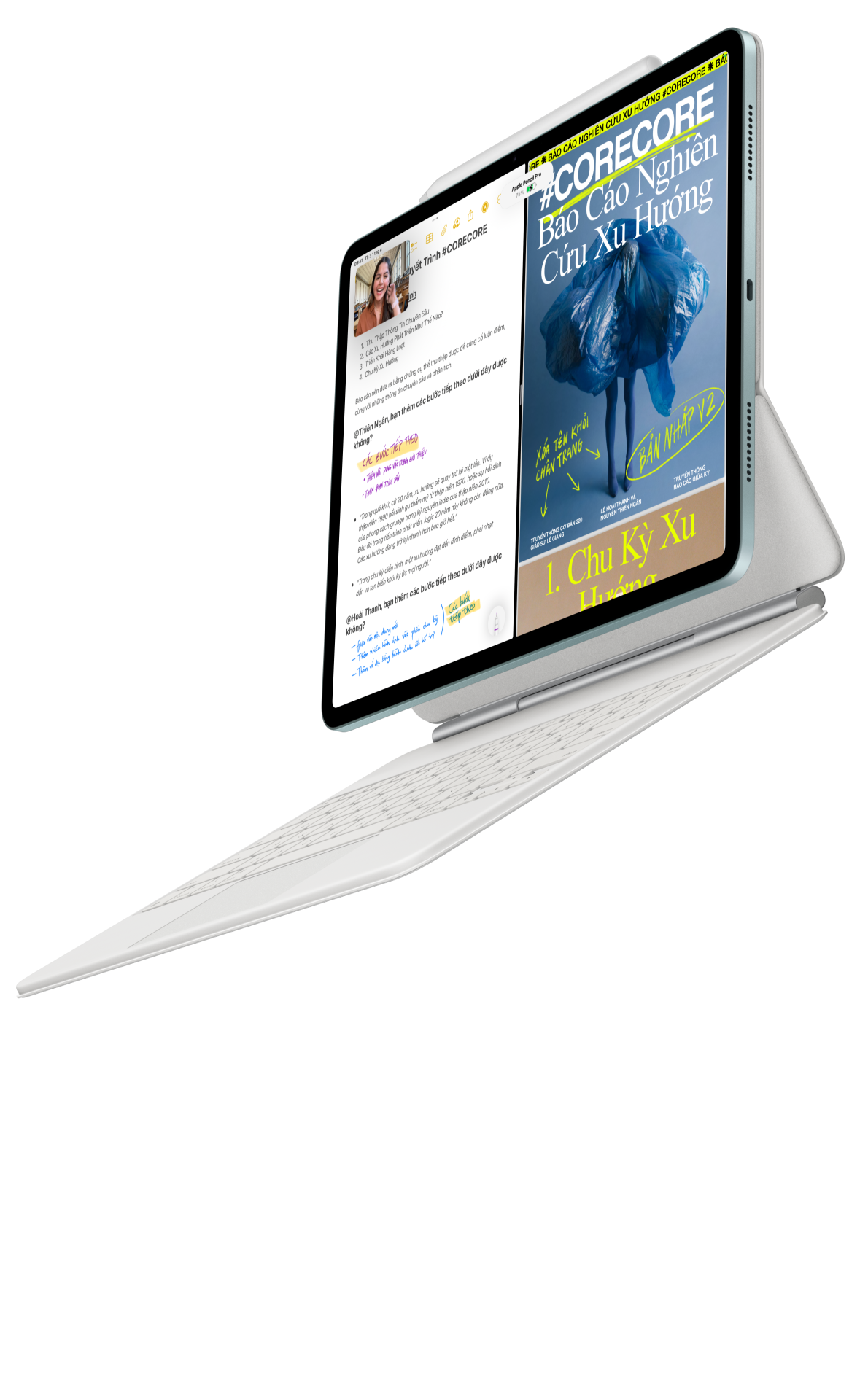  iPad Air gắn với Magic Keyboard cho iPad Air và Apple Pencil Pro